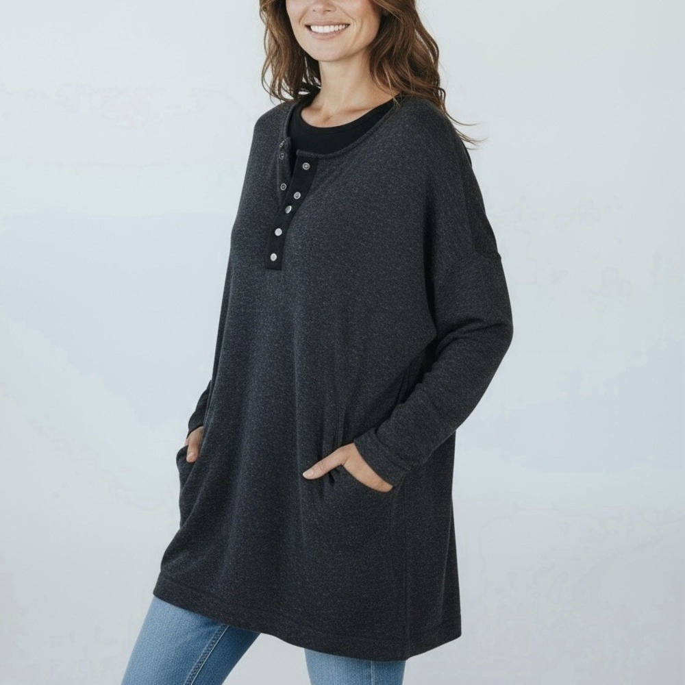Rachel Rachel Roy Charcoal Gray Marl Asymmetrical Henley Tunic Sweater M Relaxed